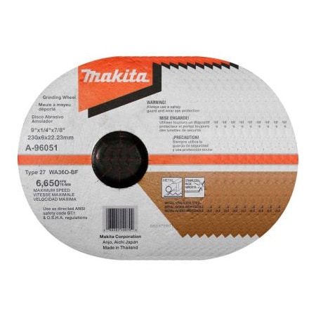 Makita Makita INOX Grinding Wheel, 36 Grit, Type 27, 9in Dia x 1/4inT x 7/8in Cntr Hole Dia, 10/Pk A-96051-10